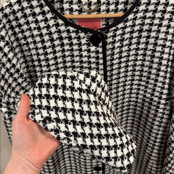 Kate Spade Women’s Houndstooth Tweed Coat Black White Crewneck Pea Coat Size XL - Picture 2 of 11